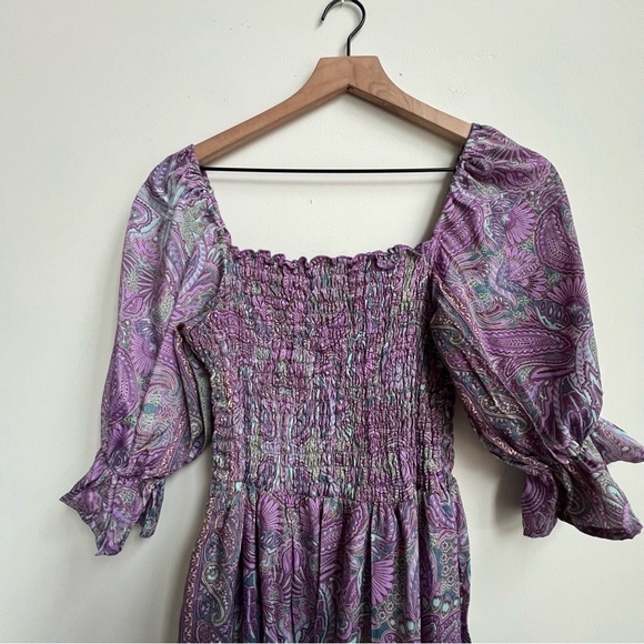 Perry Walker Collective Grace Purple Paisley Smocked Bohemian Midi Dress Silk - Picture 11 of 13